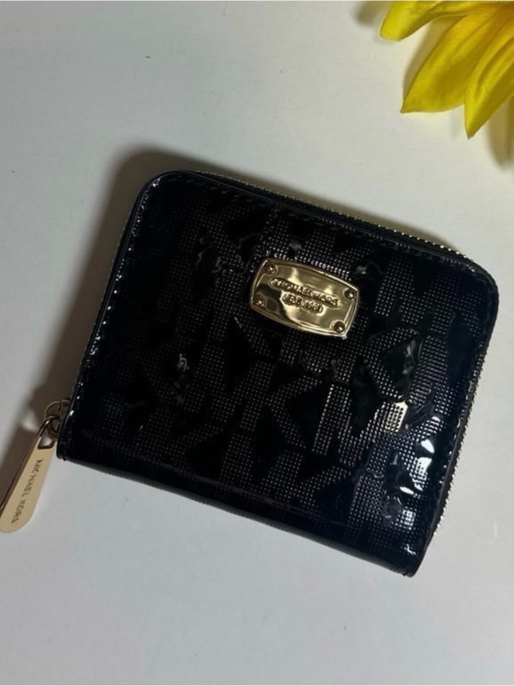 Michael Kors Black Patent Zip Around Card Holder with Gold Plate